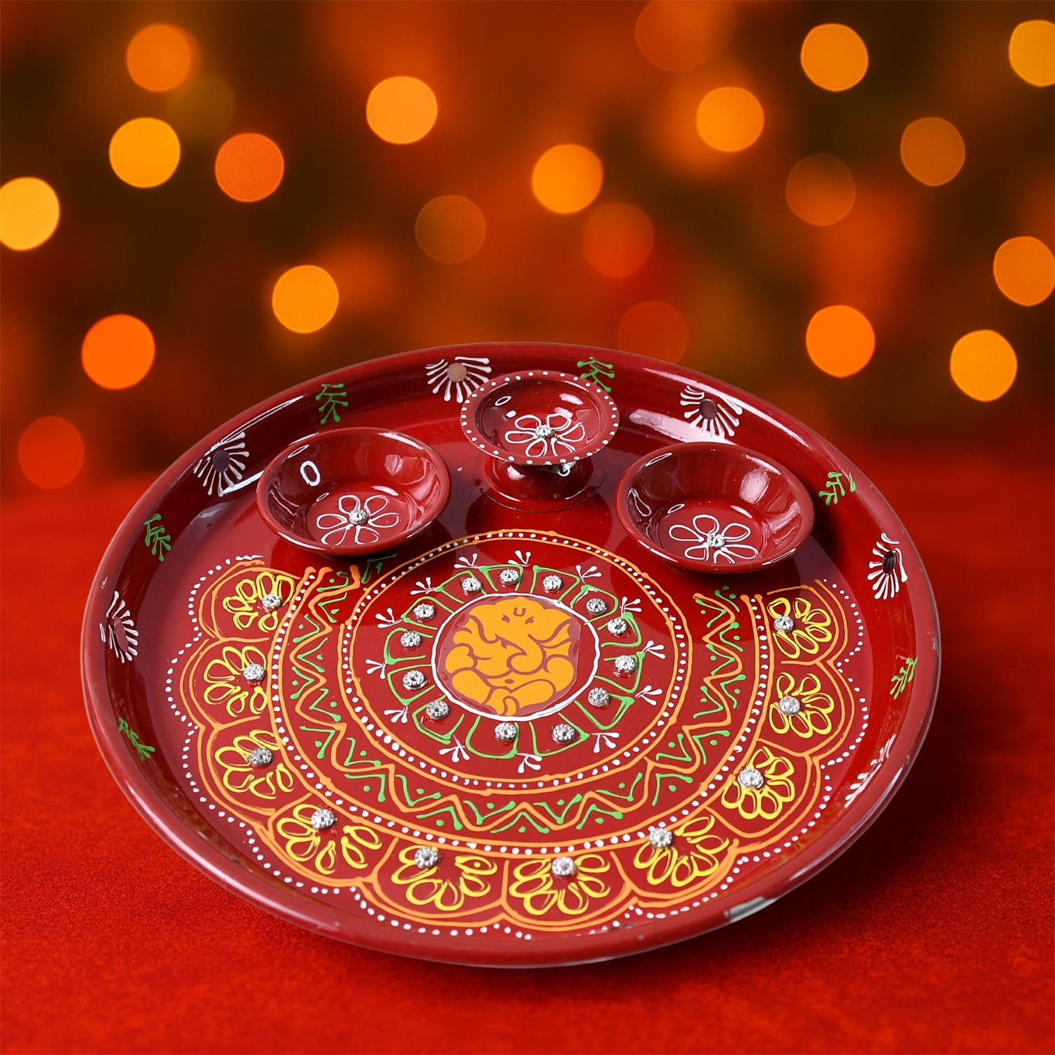 01_643d2617-4ca8-49da-b69a-fd27105d8d2c.jpg Hand-Painted Decorative Pooja Thali with Motif and Diyas - Image 1