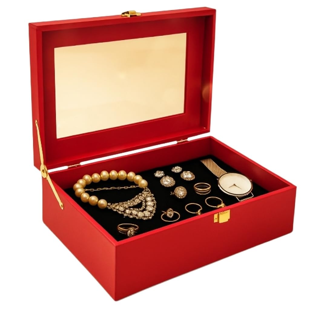 51P5c1yhm1L._SL1024_.jpg Luxury Storage Box with Glass Lid, Decorative Organiser Box for Jewellery and Accessories, Available in Red, Black, White (Red) - Image 1